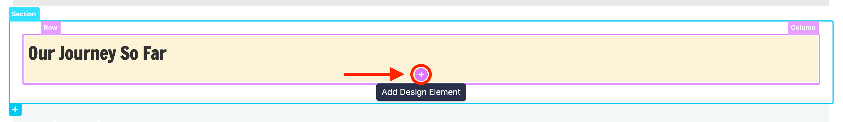 Clicking the plus sign button to insert a new design element 