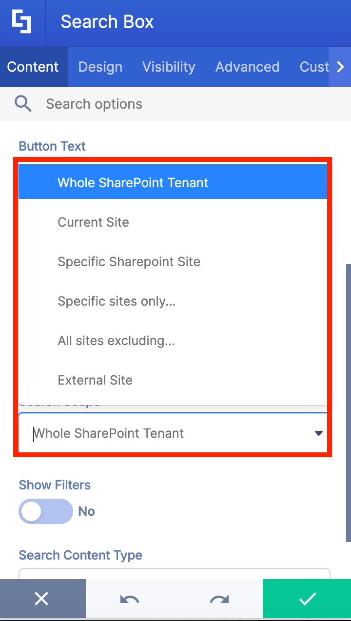 Displaying available search scope options for the Search Box Design Element