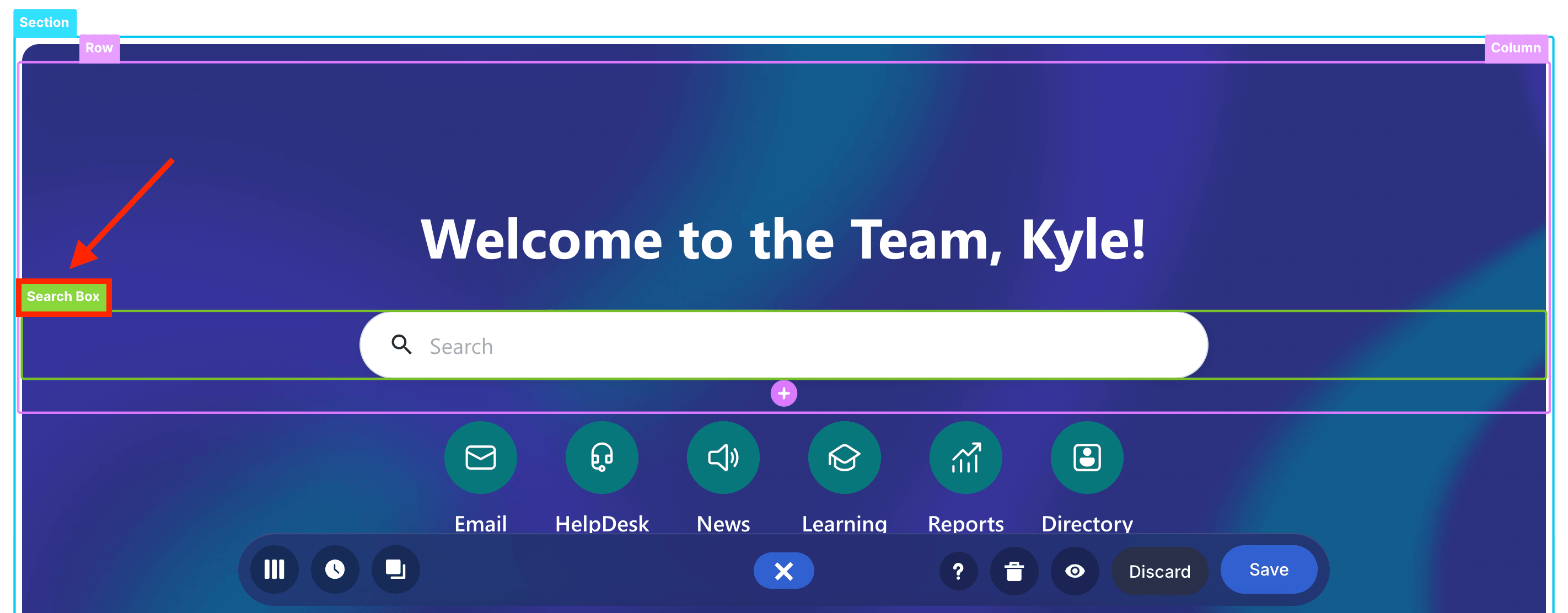 Selecting the Search Box Design Element tag within the active row layout