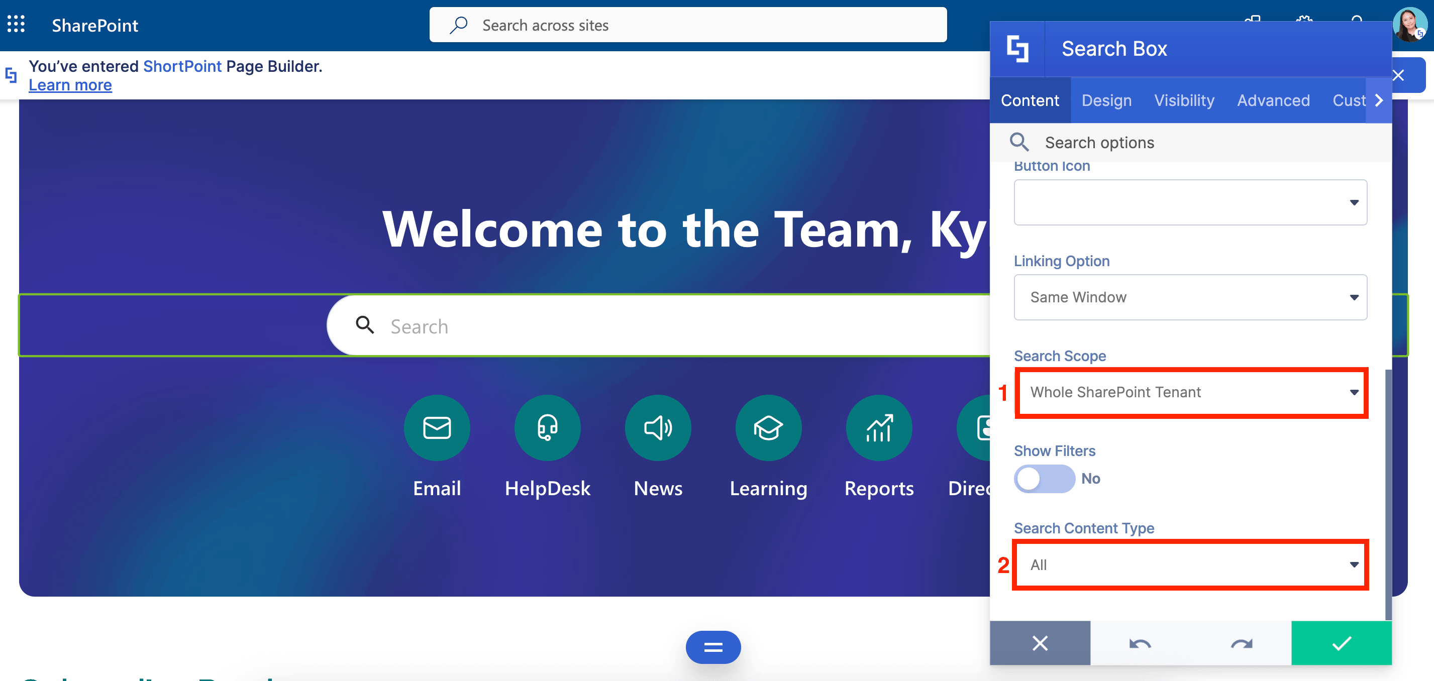 Selecting the Whole SharePoint Tenant search scope inside the configuration panel
