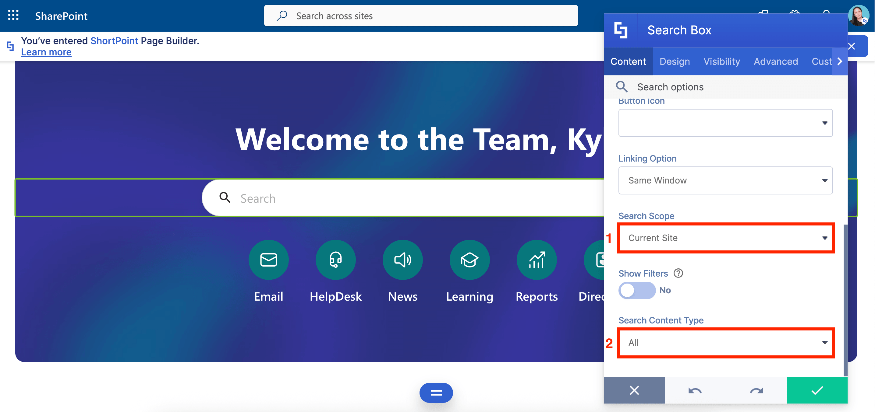 Setting the search boundary to Current Site within the Search Box element properties