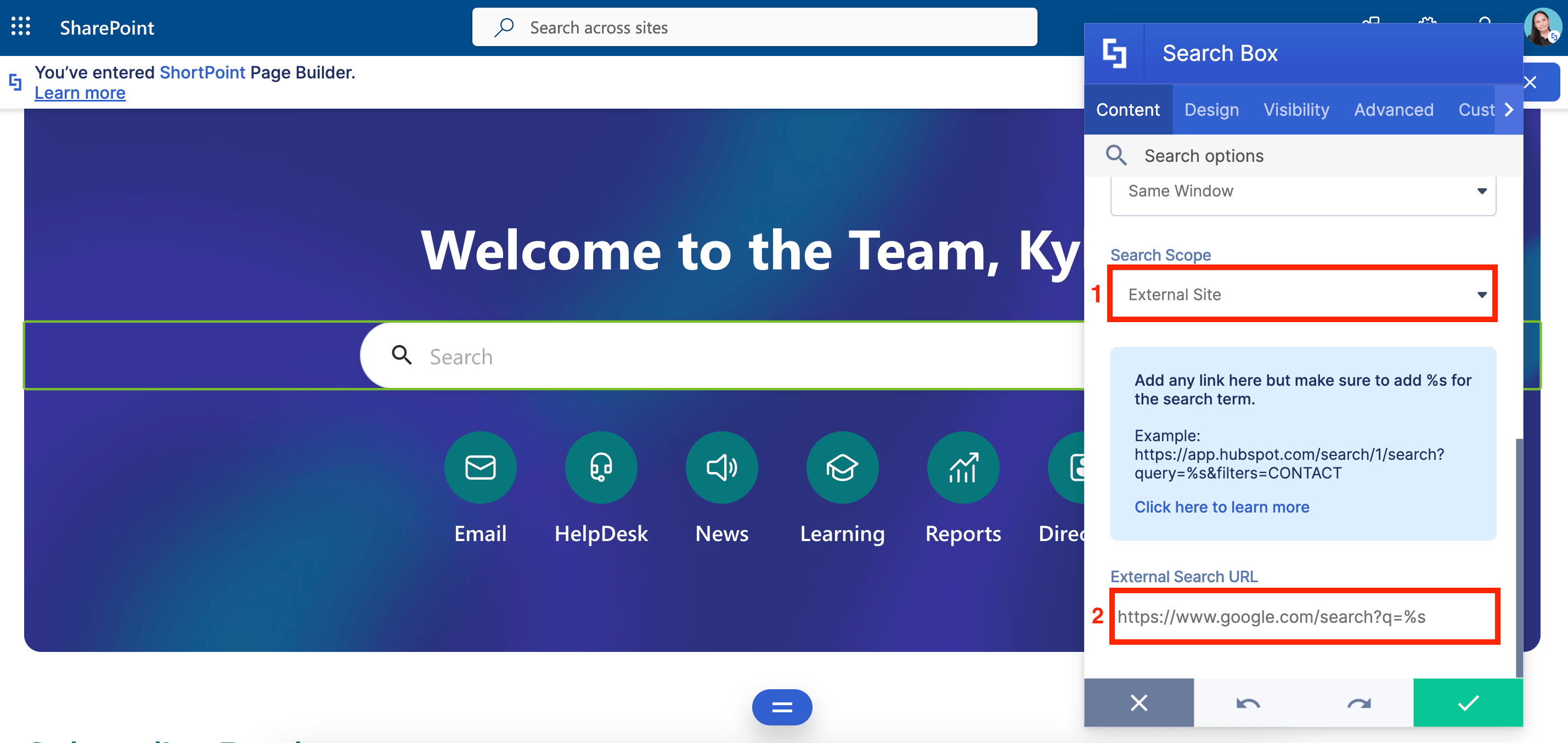 Configuring an external site search string using the external site search scope