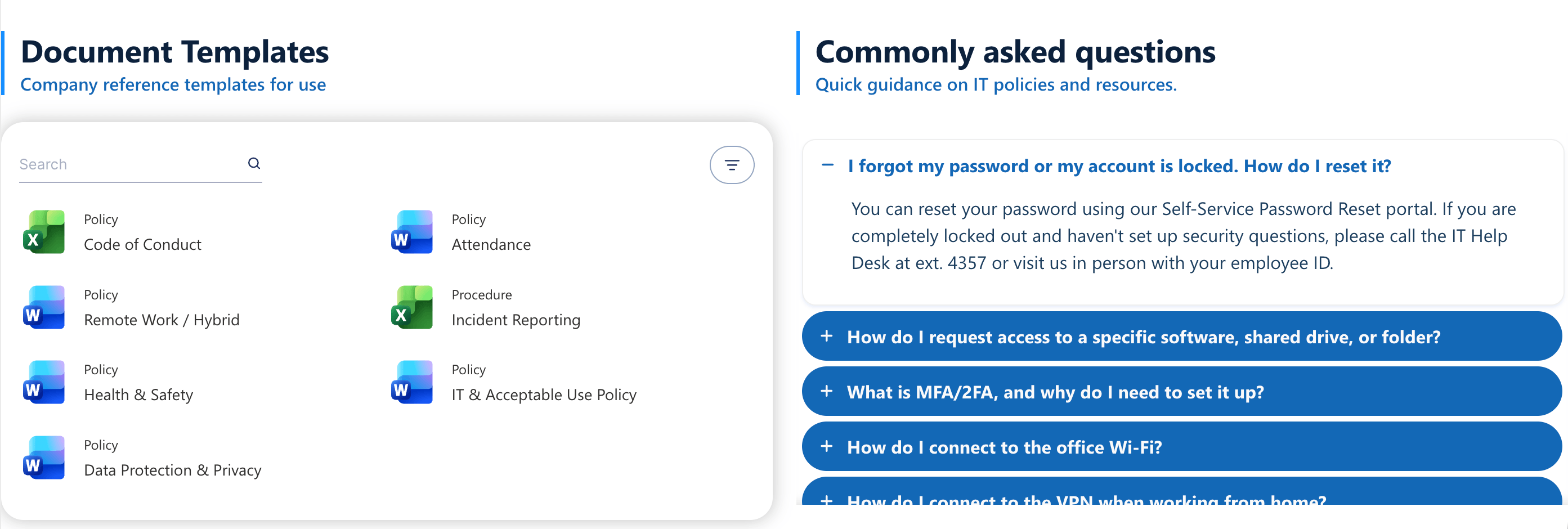 Finished dynamic FAQ section preview on a SharePoint page