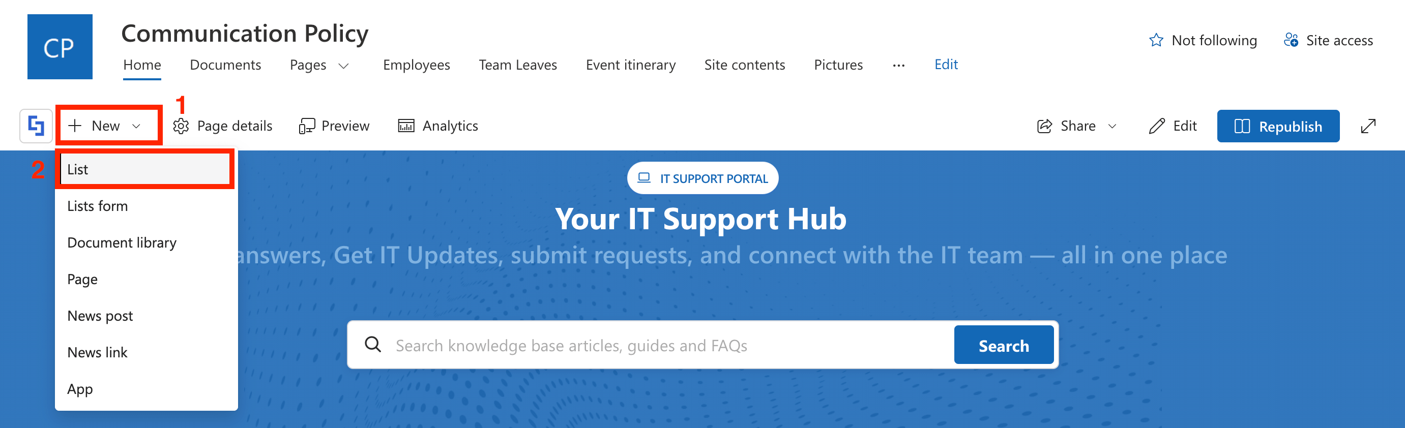 Selecting the List option from the New dropdown menu on a SharePoint site command bar