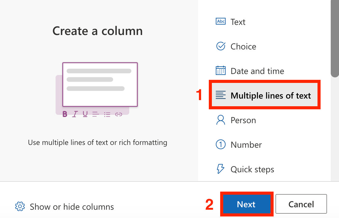 Selecting the Multiple lines of text option for creating an Answer column