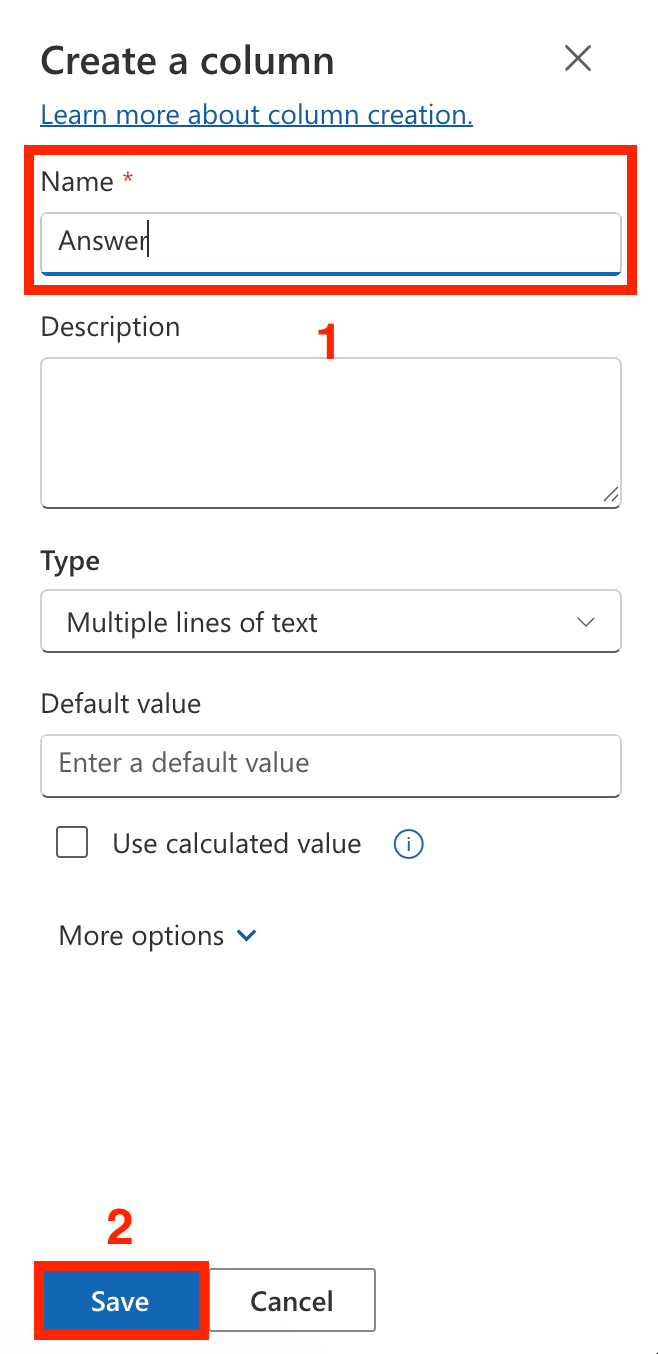 Typing Answer as the column name and saving it