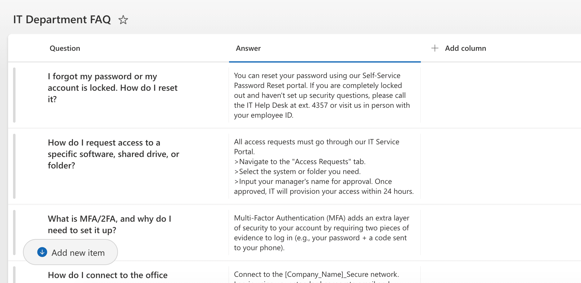 Typing question and answer pairs into the rows of the IT Department FAQ list