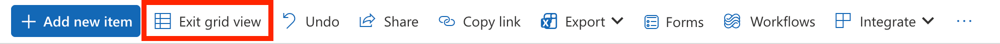 Finalizing entries by clicking the Exit grid view option on the SharePoint list command bar