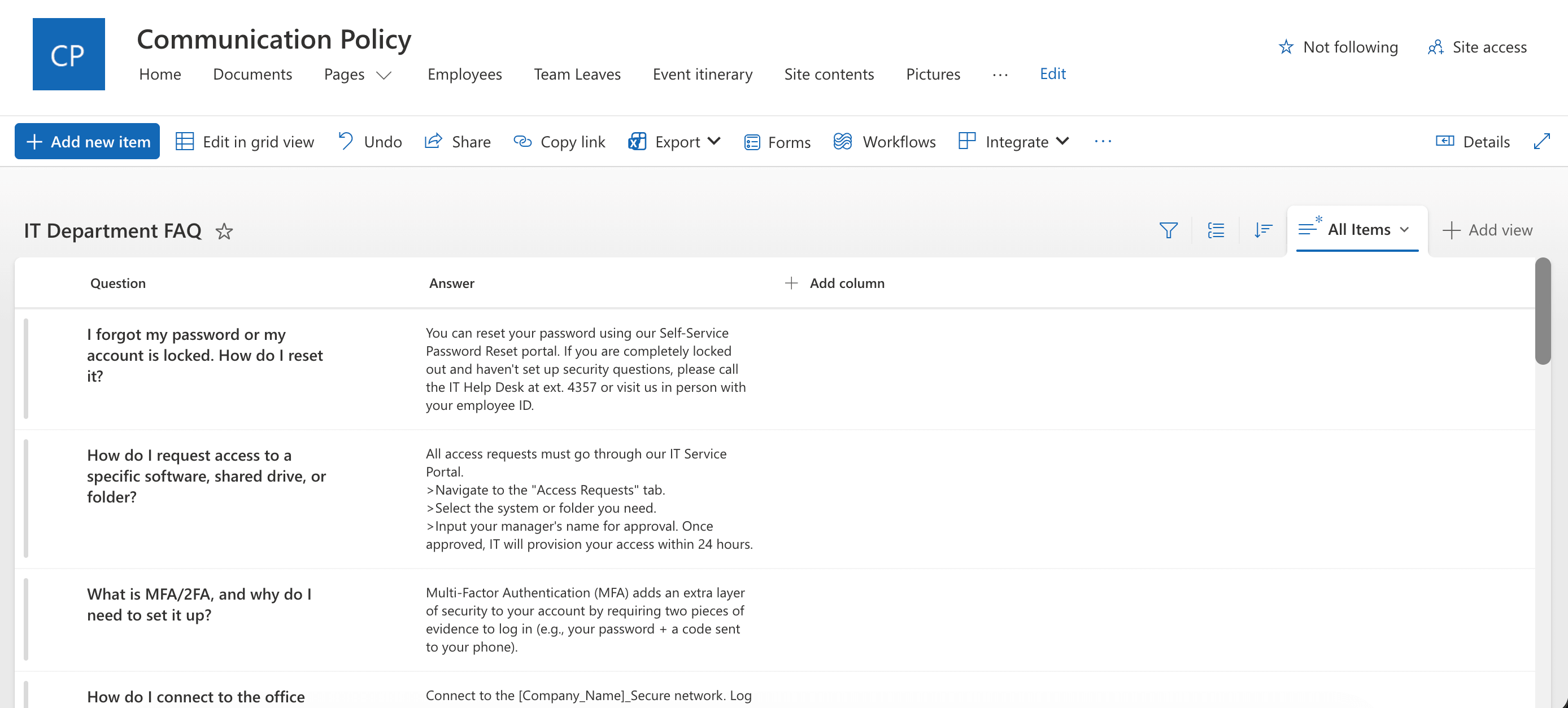Viewing the finalized SharePoint list displaying all inputted FAQ items and entries