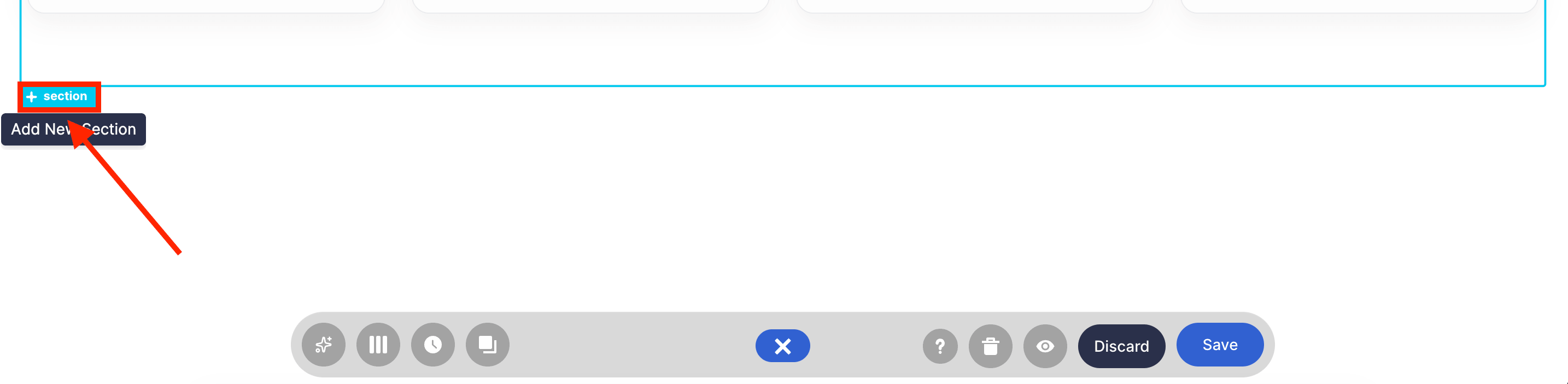 Adding a new page section using the blue plus icon