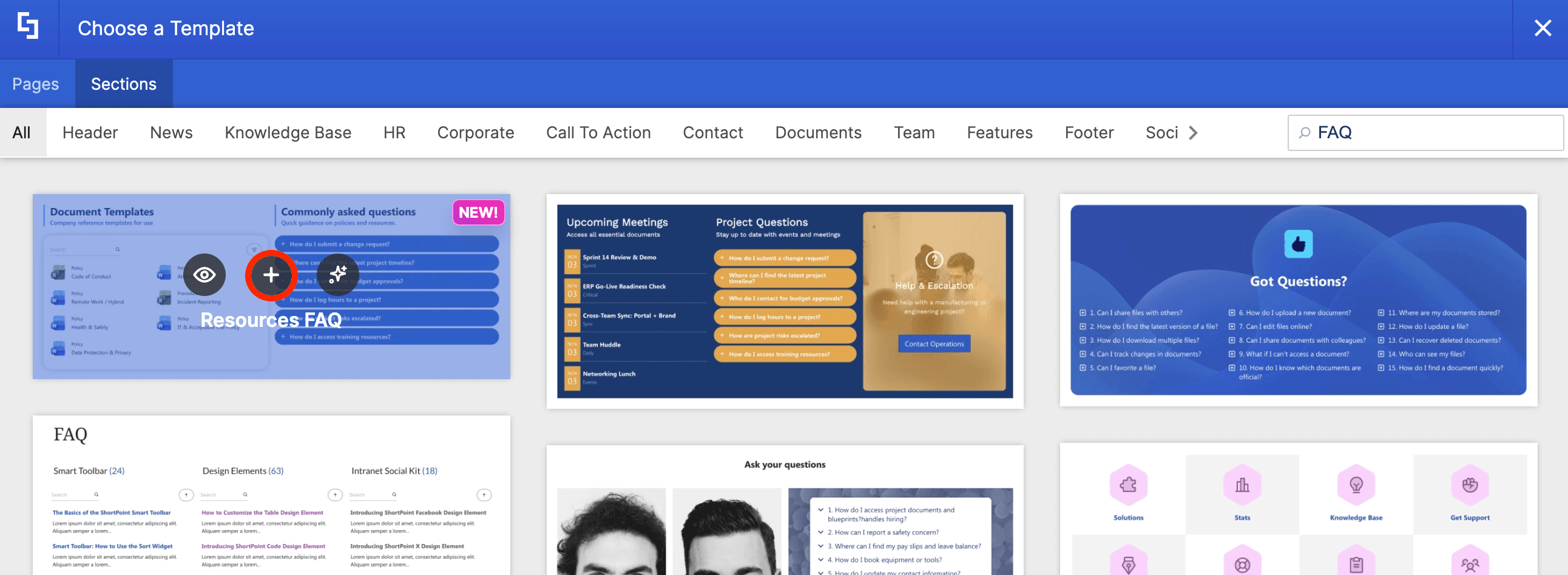 Searching for FAQ templates and clicking the insert button on the chosen layout
