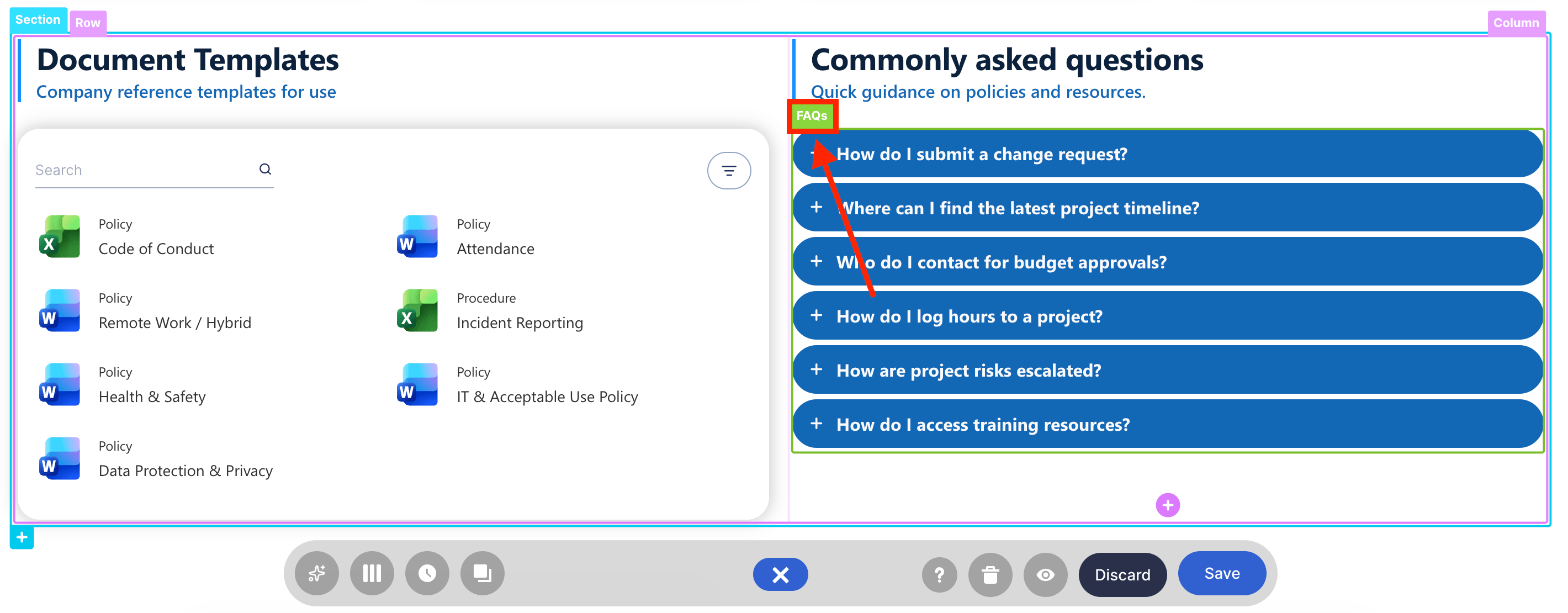 Selecting the green FAQs tag on the added template