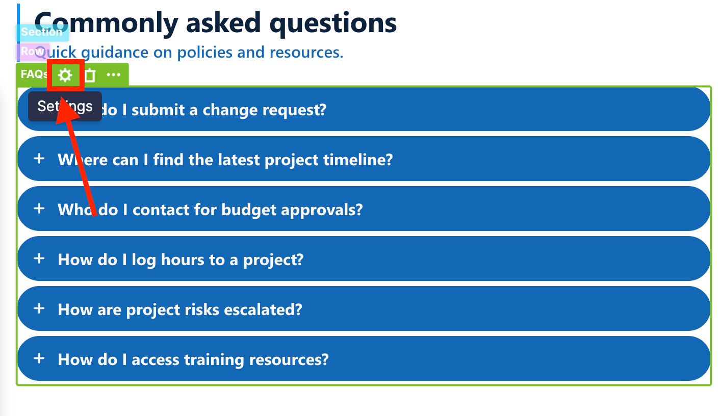 Clicking the cogwheel icon to customize the FAQs layout