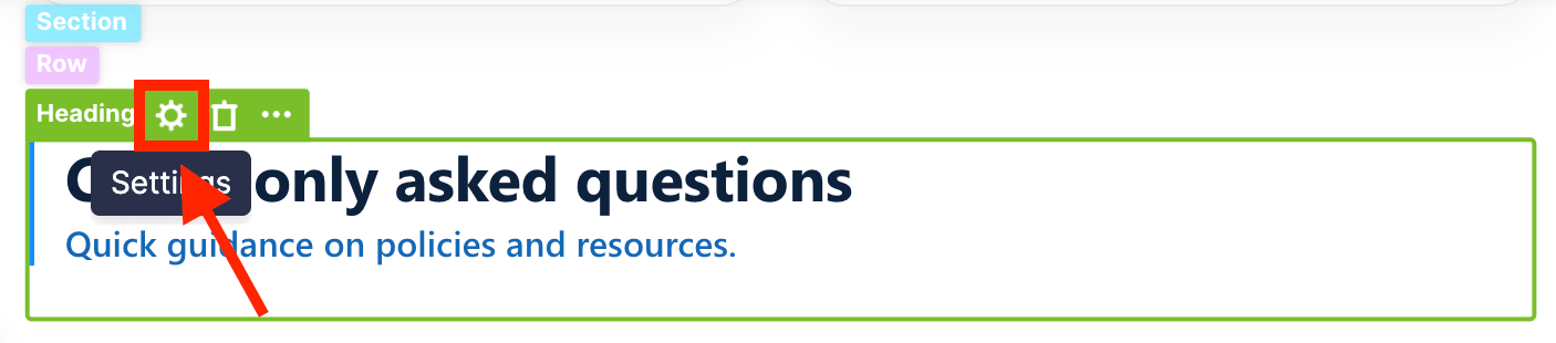 Clicking the cogwheel icon to start editing the page element