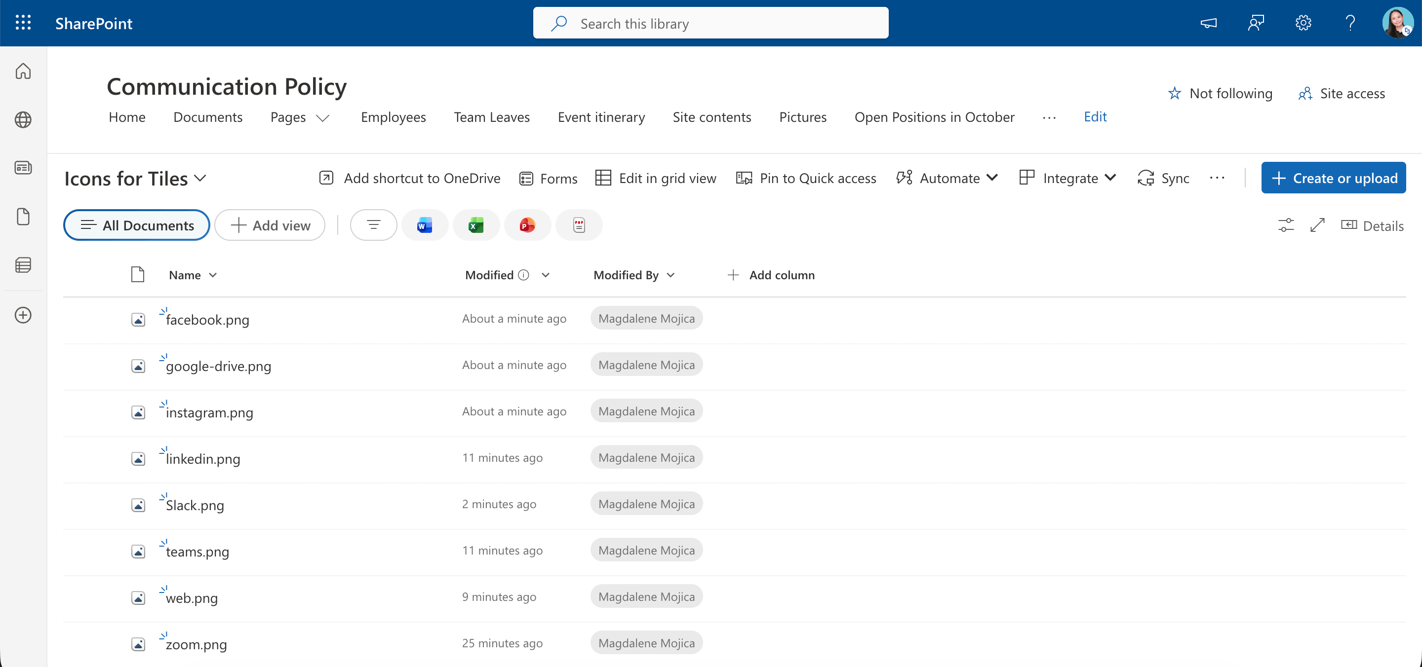 Preparing icon images within the Document Library to establish a dynamic connection