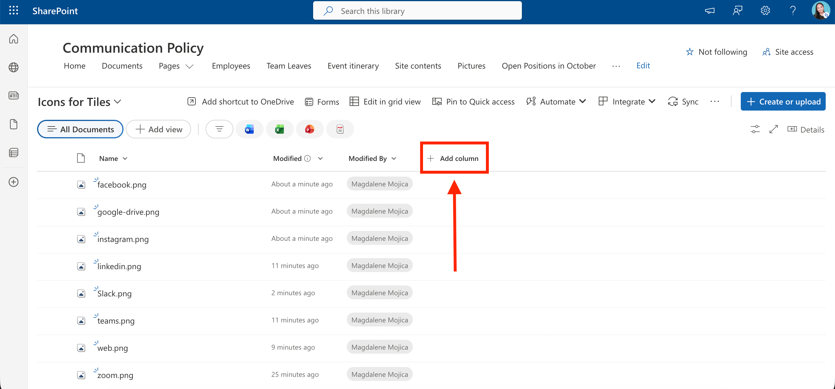 Clicking the Add column button in SharePoint to create a new metadata field