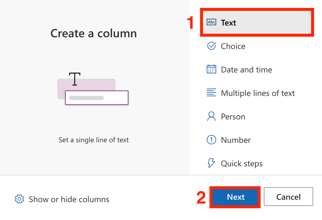 Choosing the Text option when creating a new column