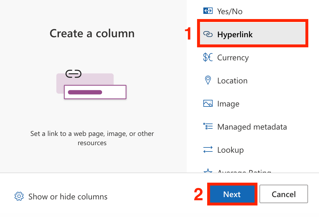 Selecting the Hyperlink column type to make web graphics clickable for users