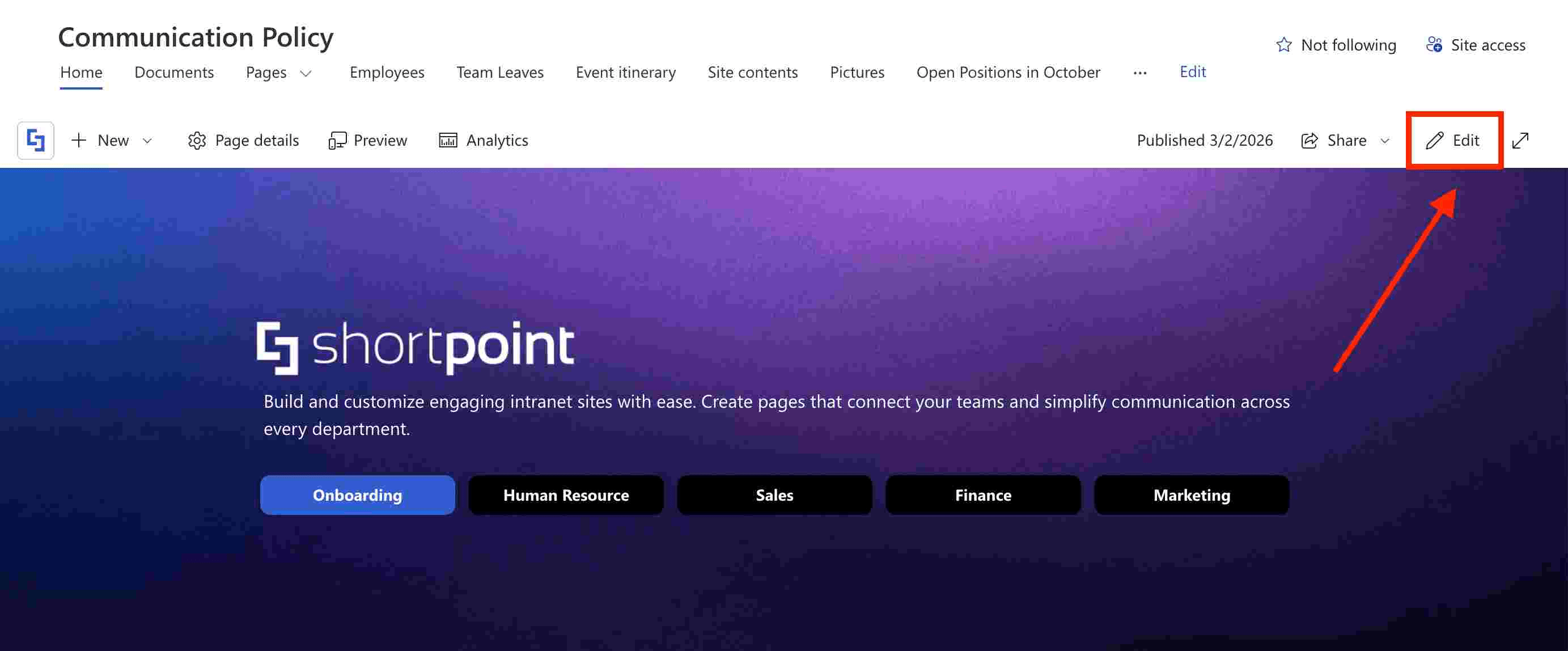 Clicking the Edit button to launch the ShortPoint design interface
