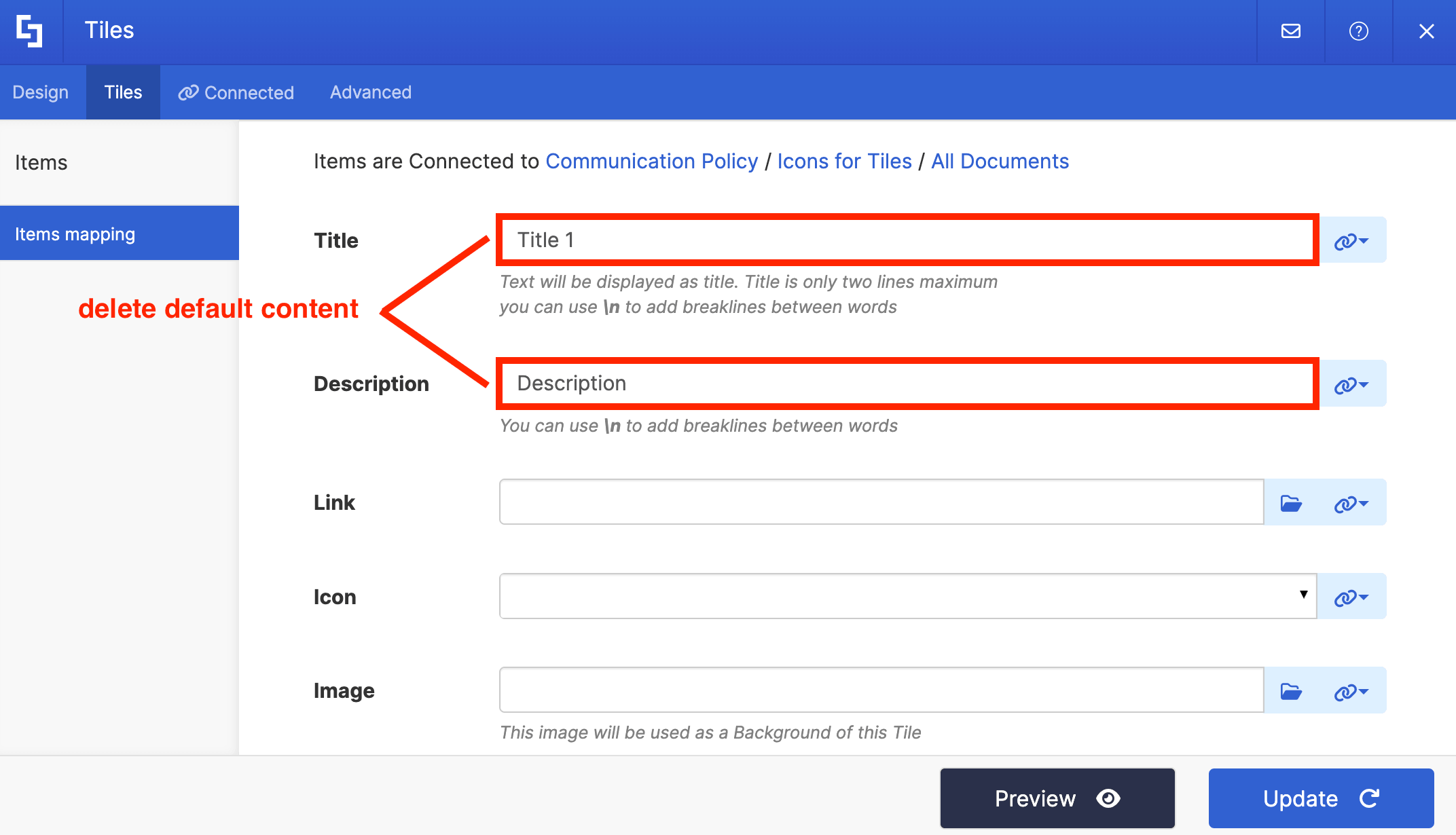 Removing default placeholder content before updating the element