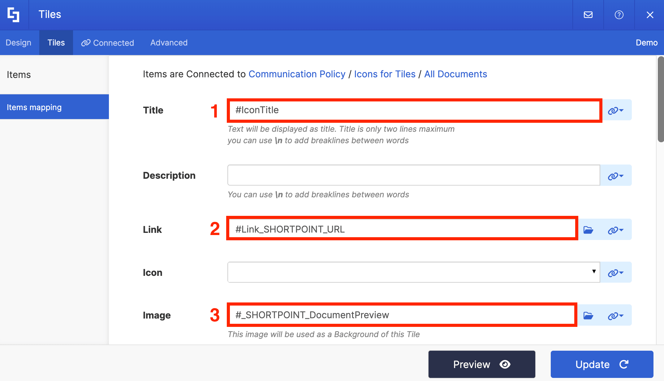 Mapping the title, destination URL, and preview properties to pull data