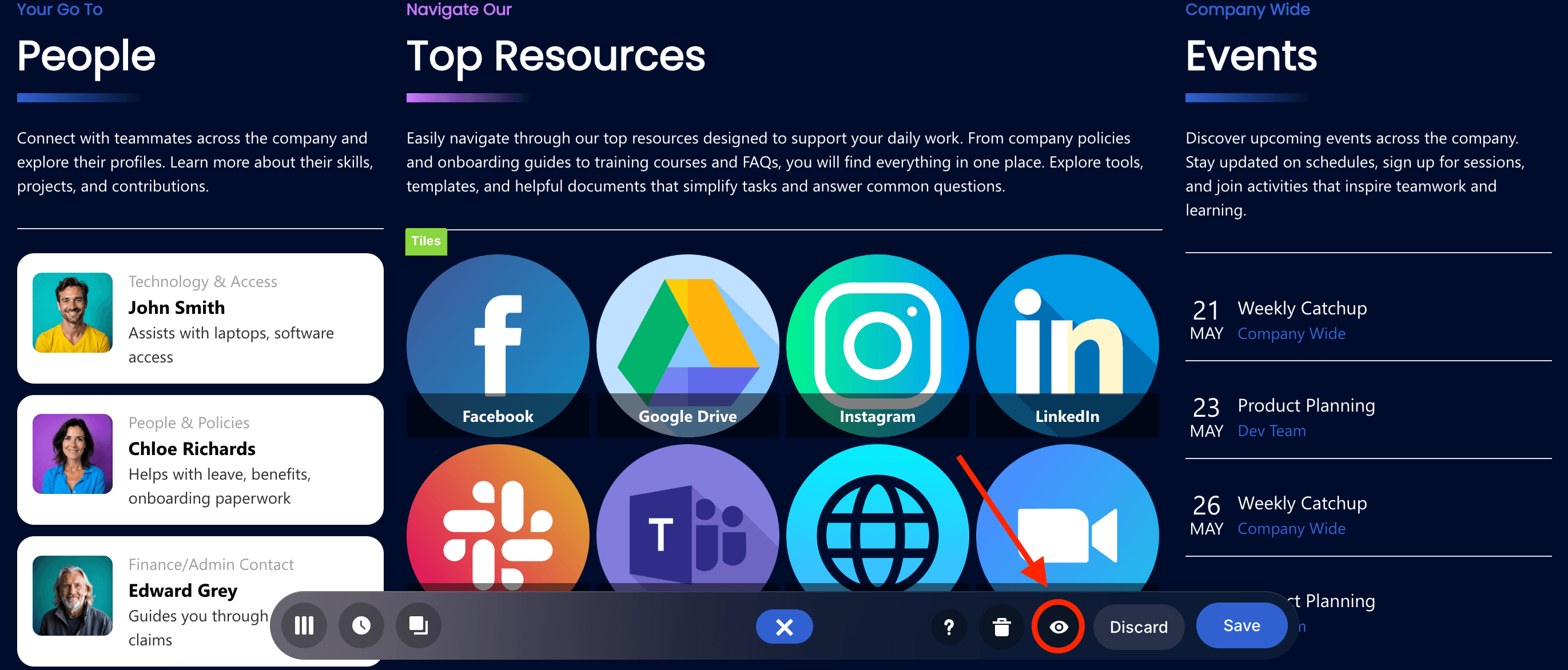 Selecting the eye icon button to preview the design element