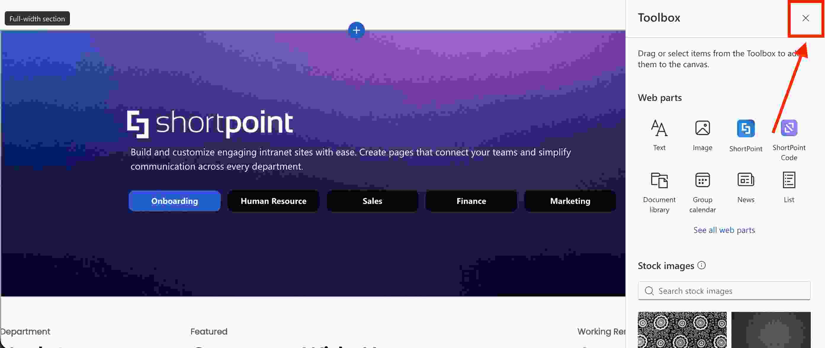 Closing the side panel to edit the web part