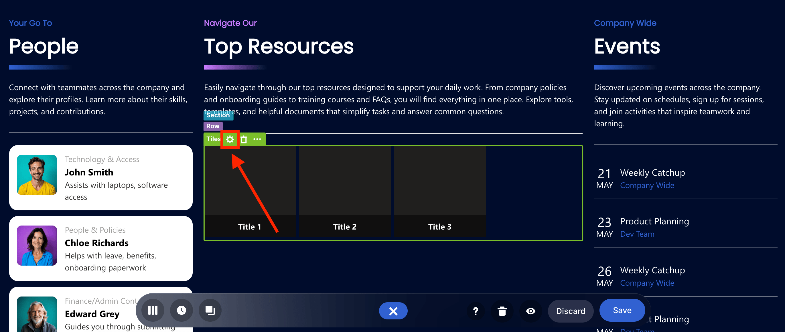 Clicking the settings icon to configure components