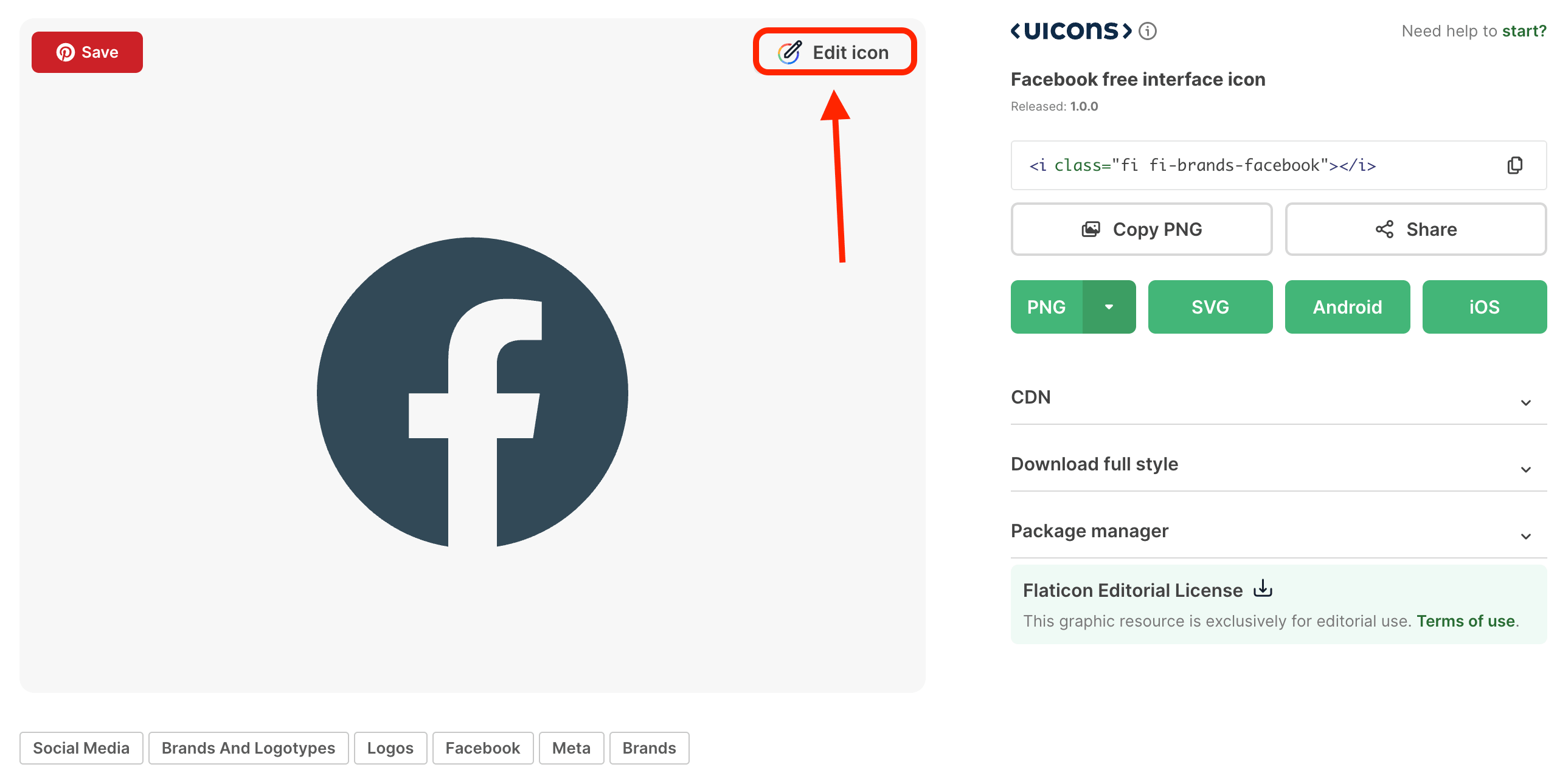 Modifying graphic asset colors using the Edit icon utility tool within Flaticon
