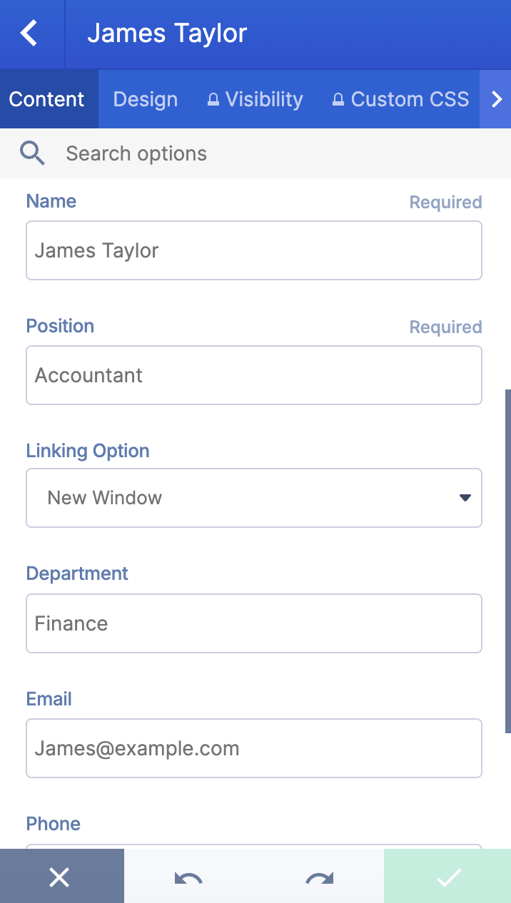 Default fields shown inside the Person Cards configuration panel