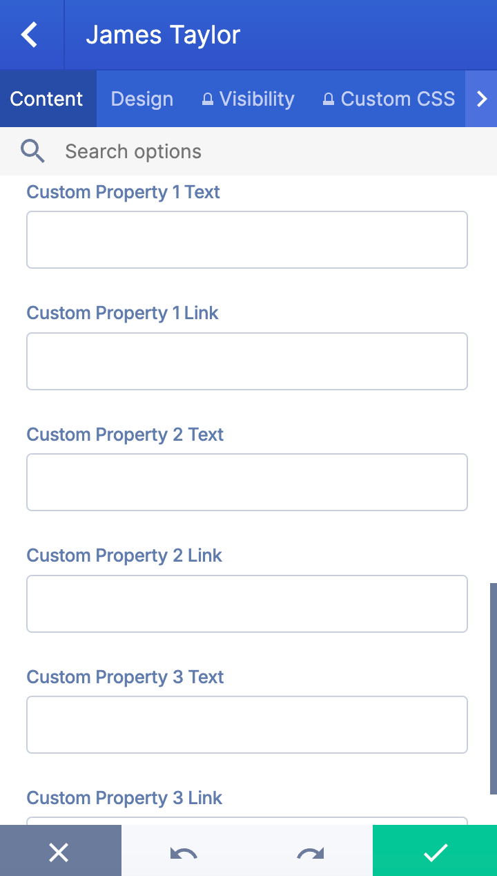 Blank Custom Property Text and Link input fields within the design element settings
