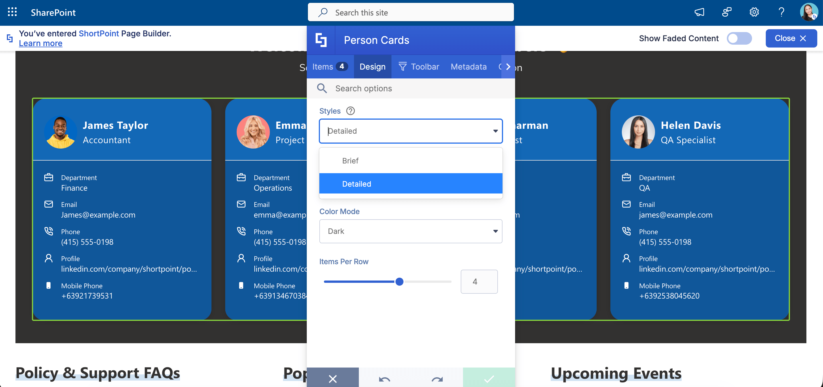 Selecting the Detailed style dropdown menu inside the ShortPoint Page Builder interface