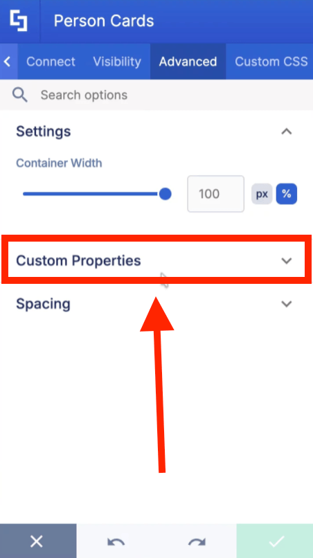 Expanding the Custom Properties dropdown section within the element's Advanced settings tab