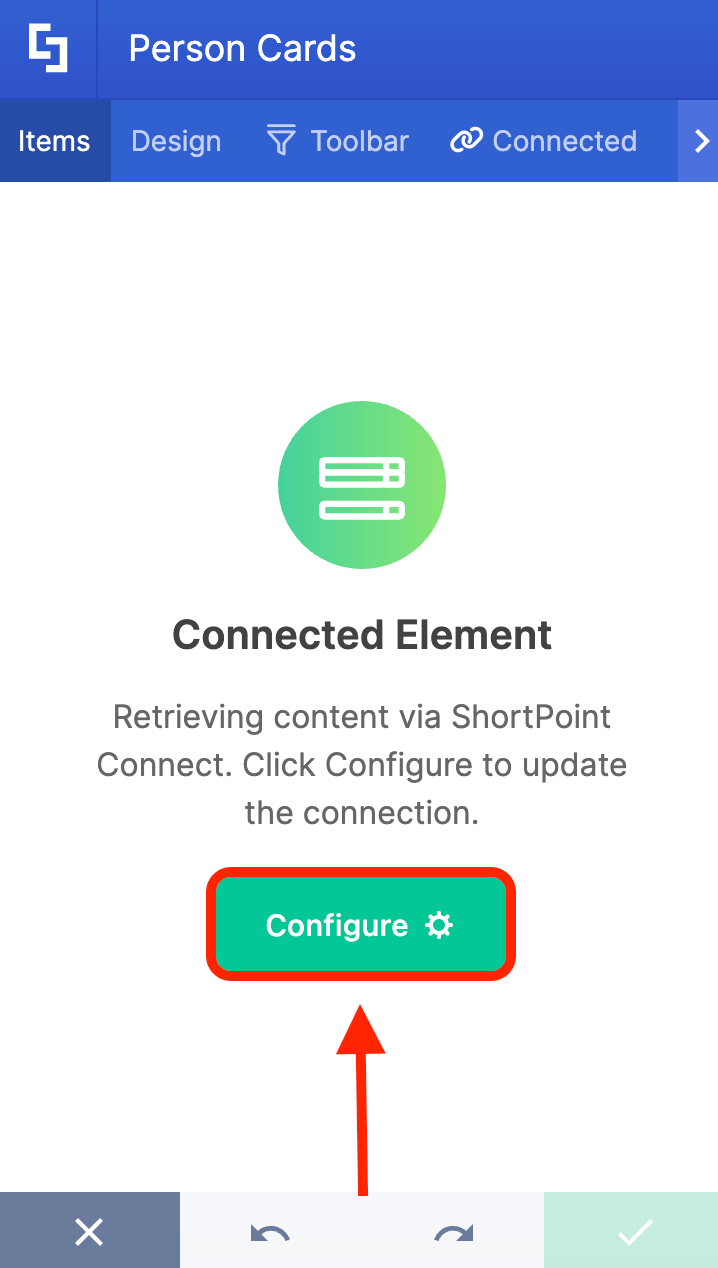 Clicking the green Configure button for a connected Element