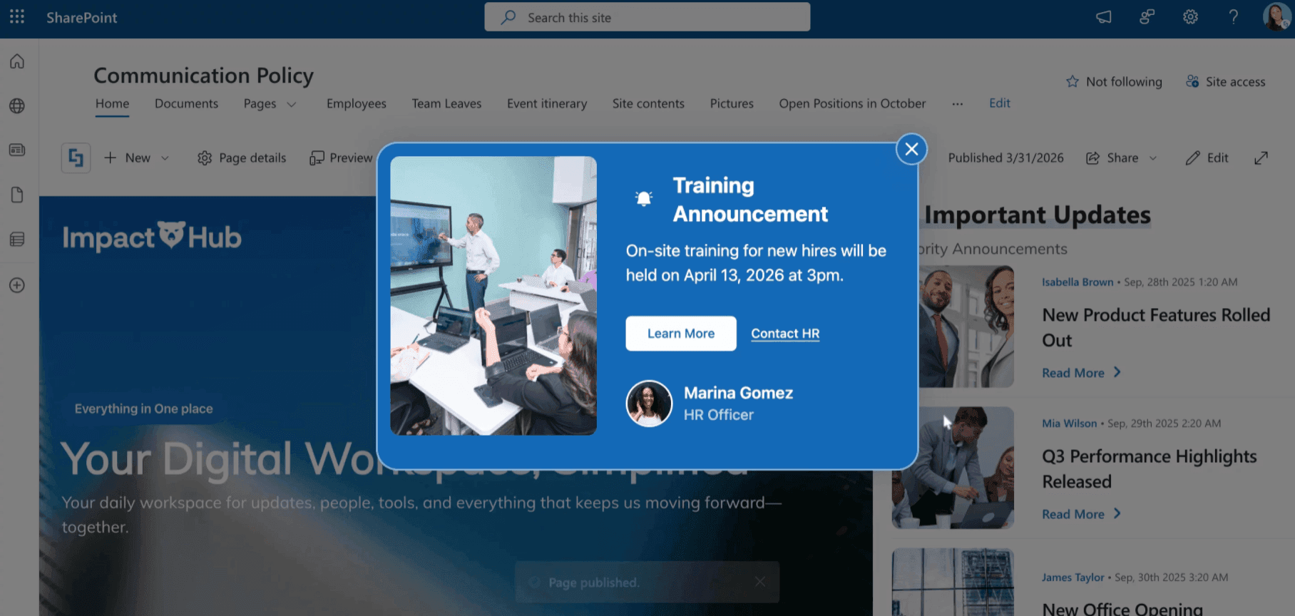 A live preview of a pop-up announcement overlaying a corporate SharePoint intranet page