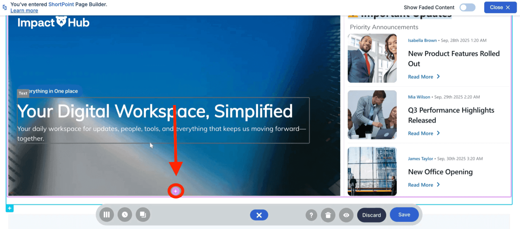 Selecting the insert icon within the ShortPoint Page Builder interface