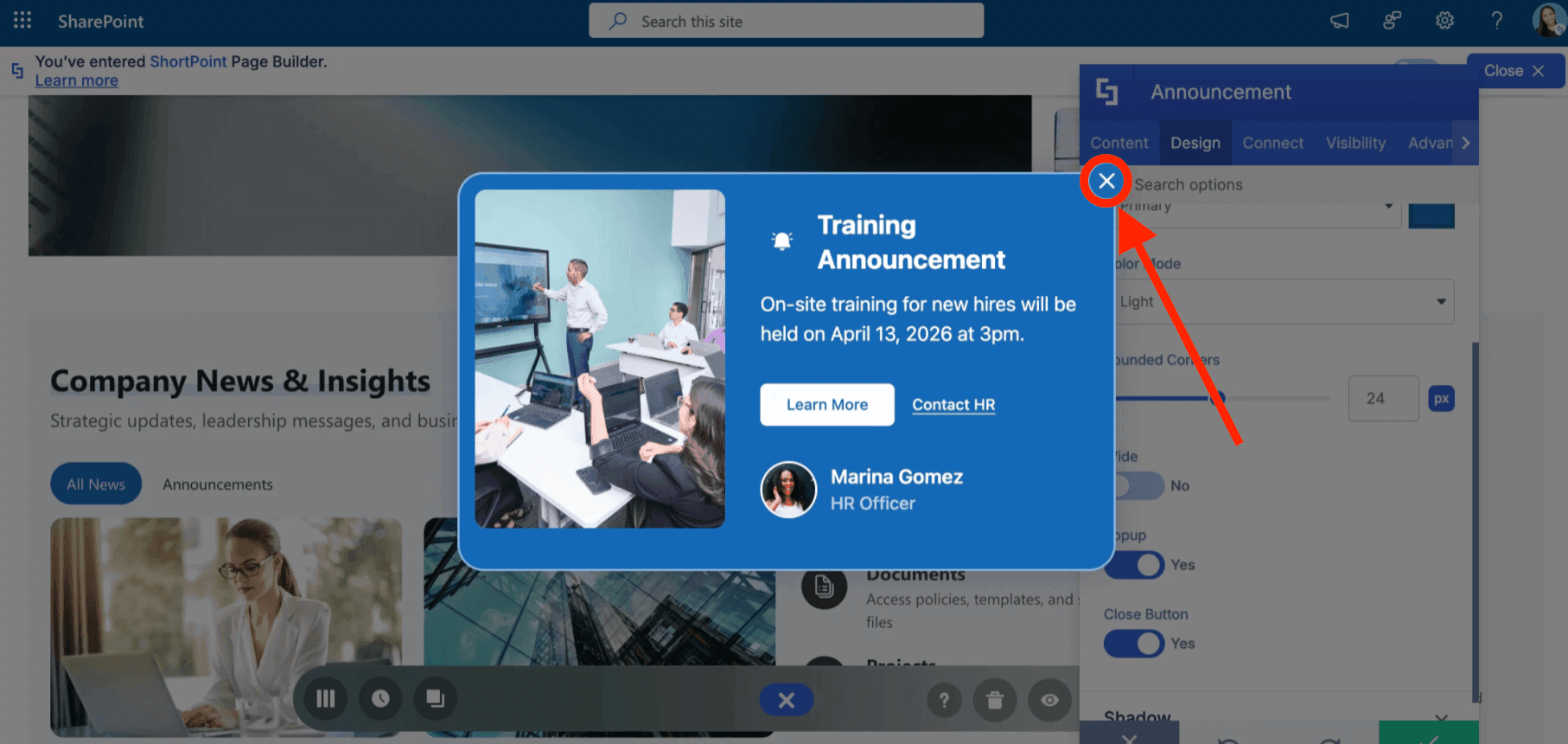 Closing the live preview window of the pop-up announcement in Page Builder