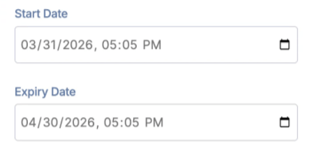 Setting the start and expiry dates for when the pop-up announcement will be active