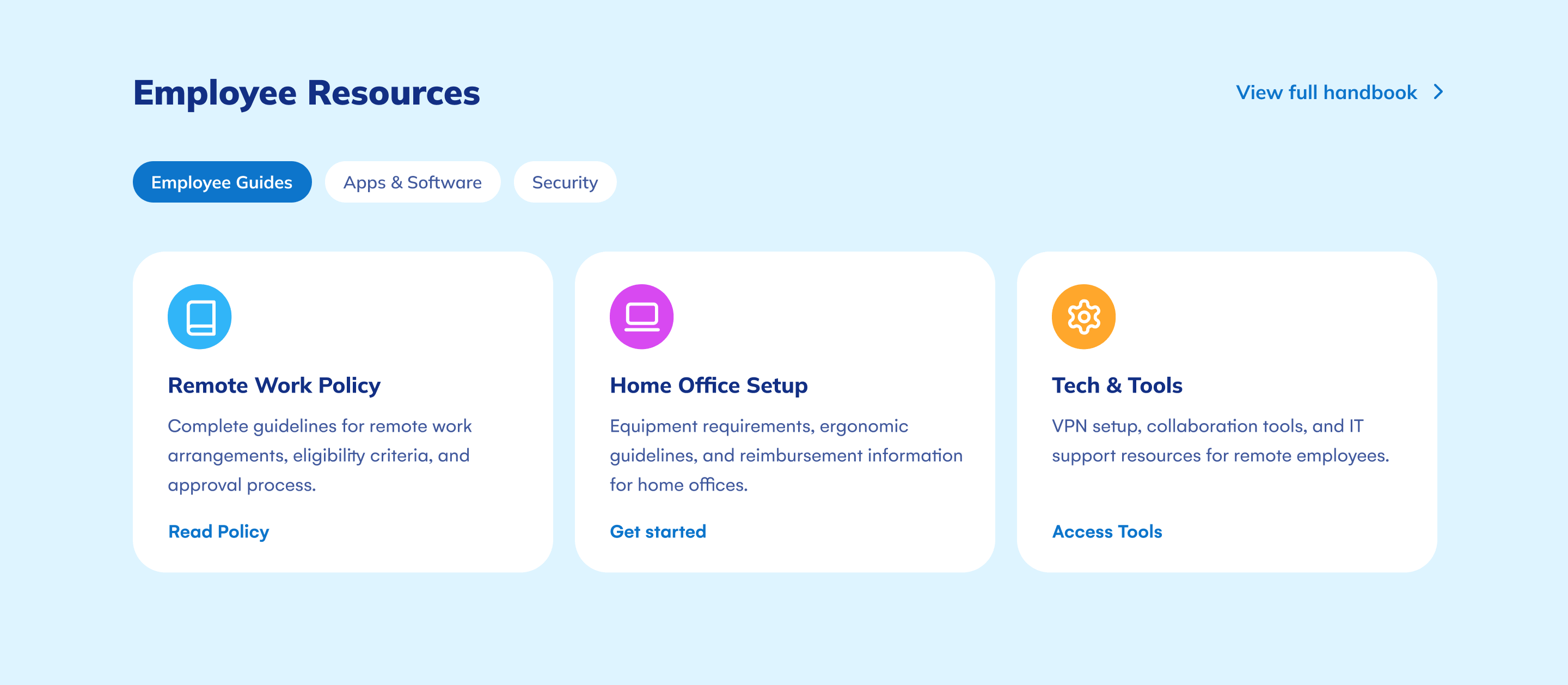 Icon Boxes element showing employee resources blocks with custom icons and action links