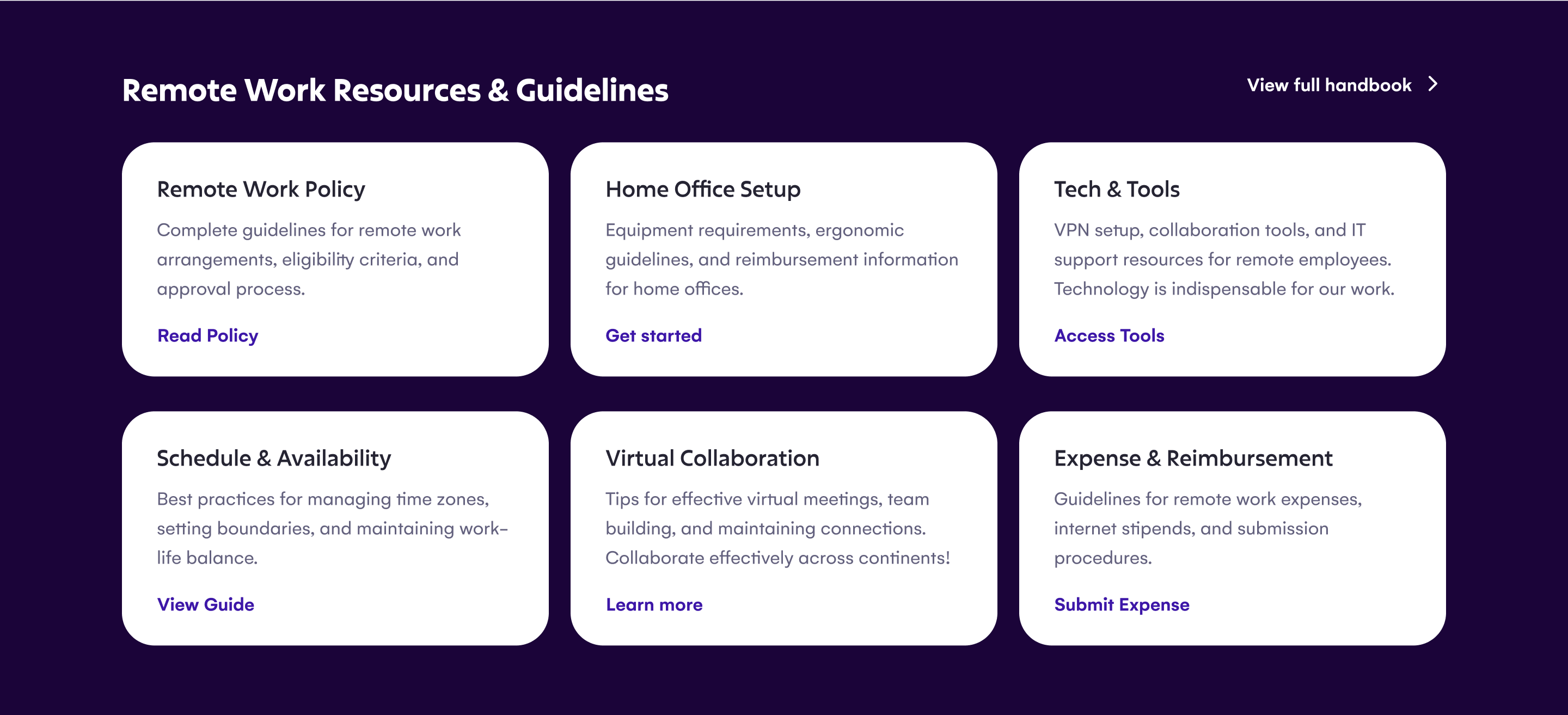Content Boxes arranged in a dark-themed structured grid for remote work guidelines