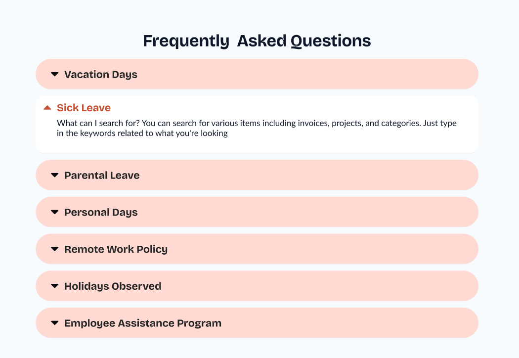 FAQs section displaying an expanded accordion item for company sick leave policies