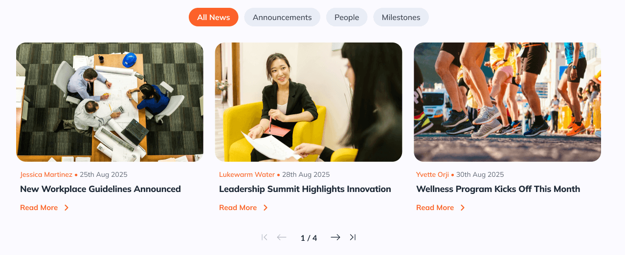 News Cards layout showcasing organizational updates with images, dates, and read more links