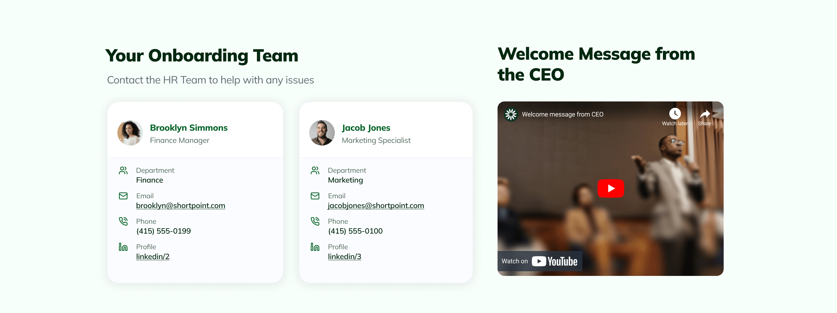 Person Cards presenting team profiles alongside an embedded video player component in ShortPoint