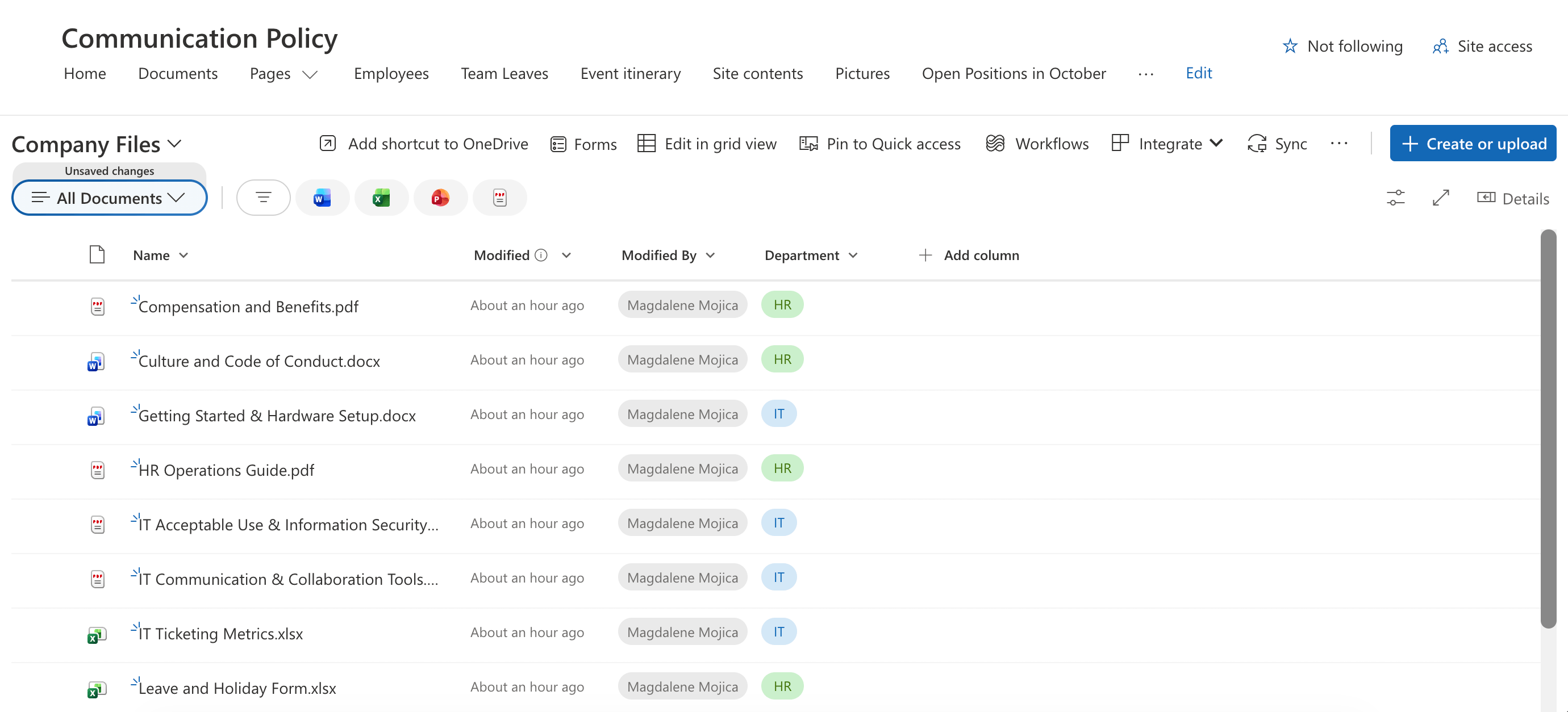 Standard SharePoint document library interface displaying files, metadata columns, and modifying fields