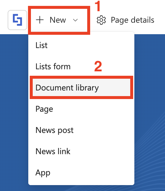 Selecting the document library option from the native new menu to showcase documents in SharePoint