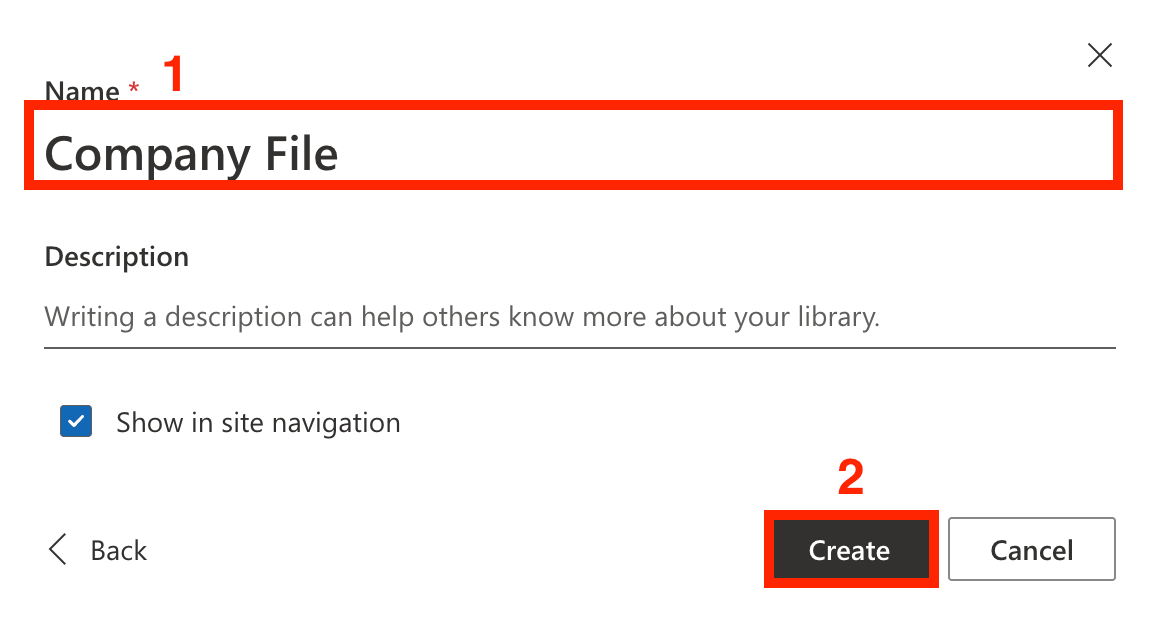 Naming the library and clicking create to set up and showcase documents in SharePoint