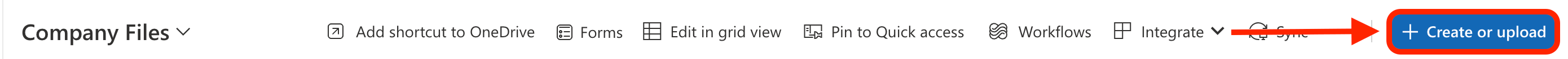 Clicking the create or upload button within the document library action bar