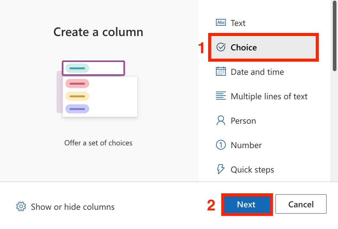 Selecting the choice column data type inside the create a column configuration panel