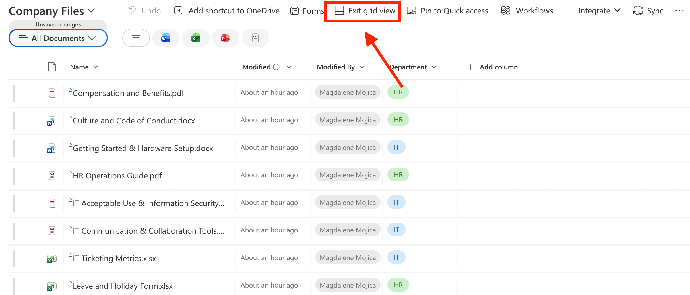 Selecting the exit grid view button after assigning departments to corporate files