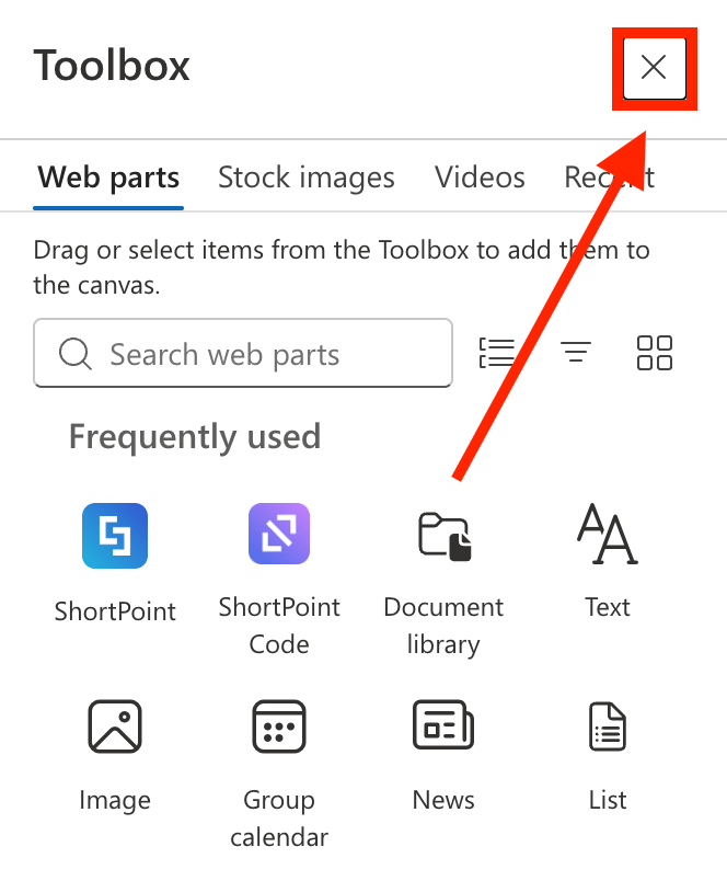 Closing the standard toolbox panel to access the ShortPoint element settings